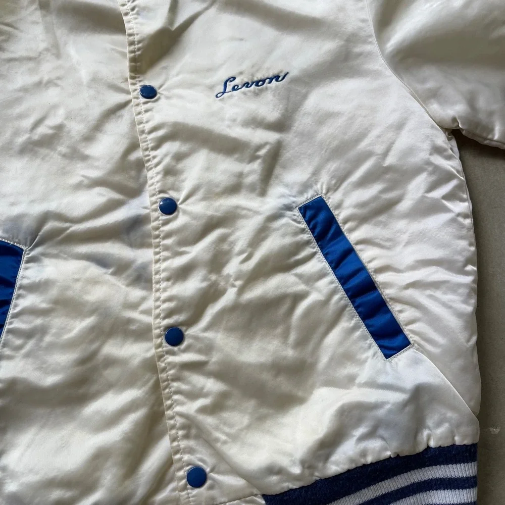 Vintage Hewitt Mfg Palisades Park Track Field Satin Varsity Jacket Cream Blue 86